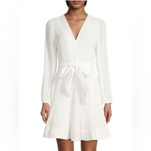 Milly Liv Long-Sleeve V-Neck Pleated Belted Mini Dress, Small